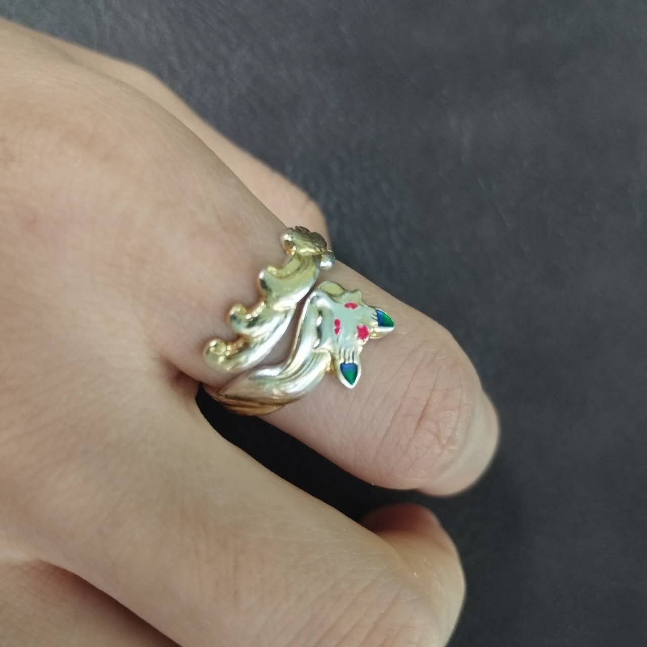S999 Fine Silver Nine Tailed Fox Ring – Adjustable Kitsune Jewelry, Enamel Gold Accent Vintage Ring, Spiritual Gift for Women