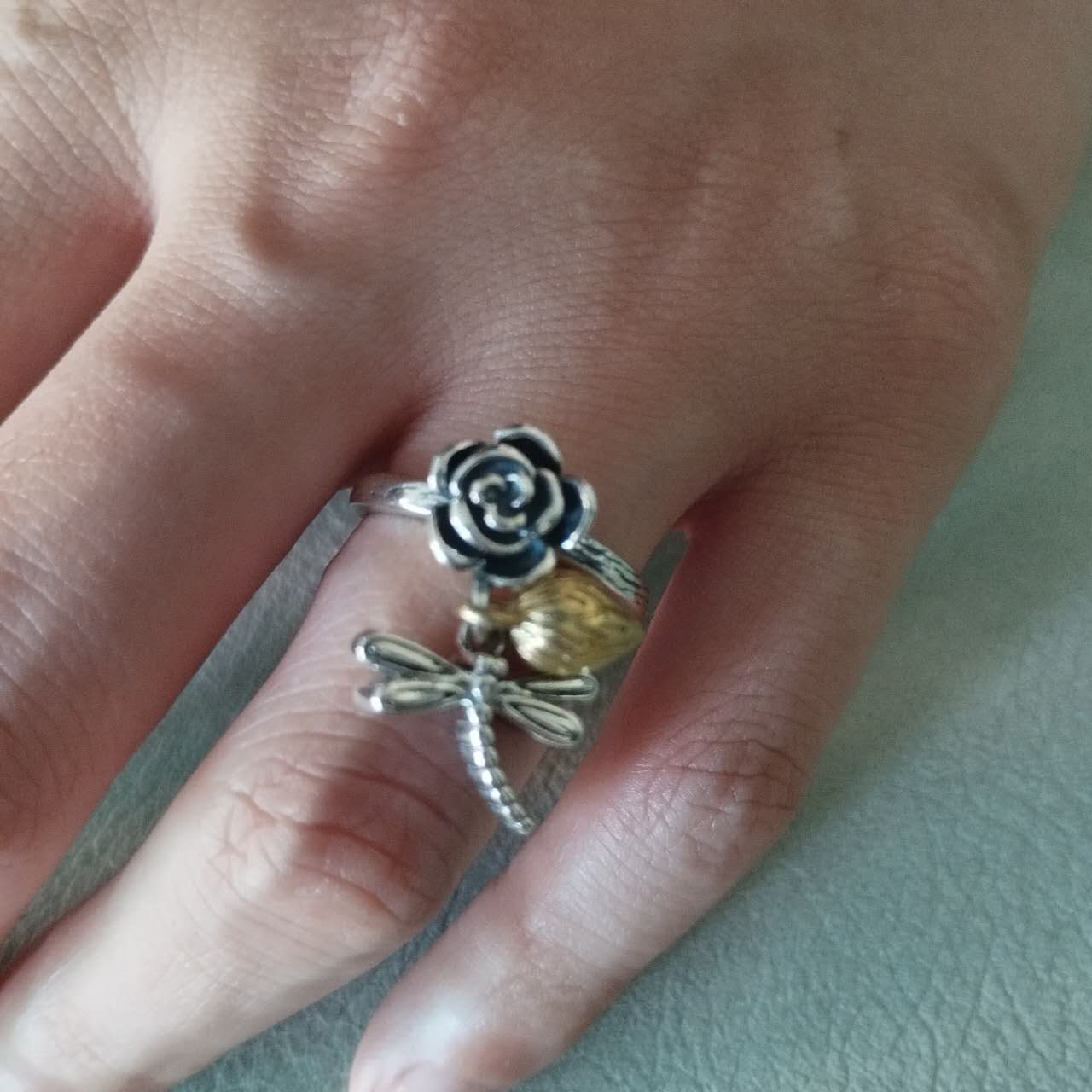 Dragonfly Ring Sterling Silver Adjustable – Rose & Lotus Flower Jewelry, Boho Nature Statement Ring, Romantic Handmade Gift for Women