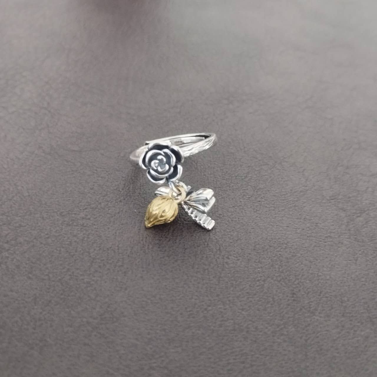 Dragonfly Ring Sterling Silver Adjustable – Rose & Lotus Flower Jewelry, Boho Nature Statement Ring, Romantic Handmade Gift for Women