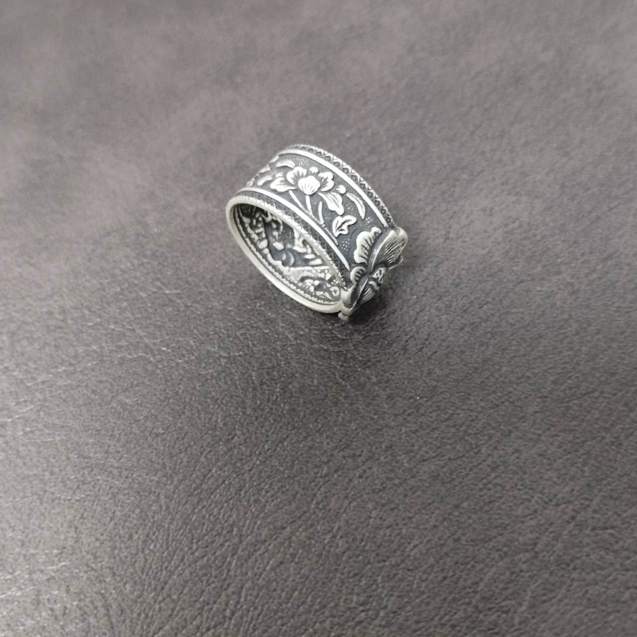S999 Fine Silver Phoenix Ring – Adjustable Wide Band Peony Floral Jewelry, Vintage Oxidized Statement Ring, Spiritual Gift for Women