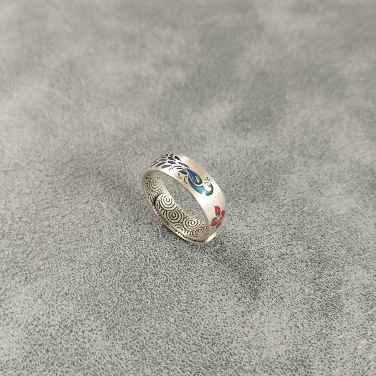 Peacock Ring S999 Sterling Silver – Handmade Cloisonné Enamel Adjustable Open Band, Ethnic Jewelry Gift