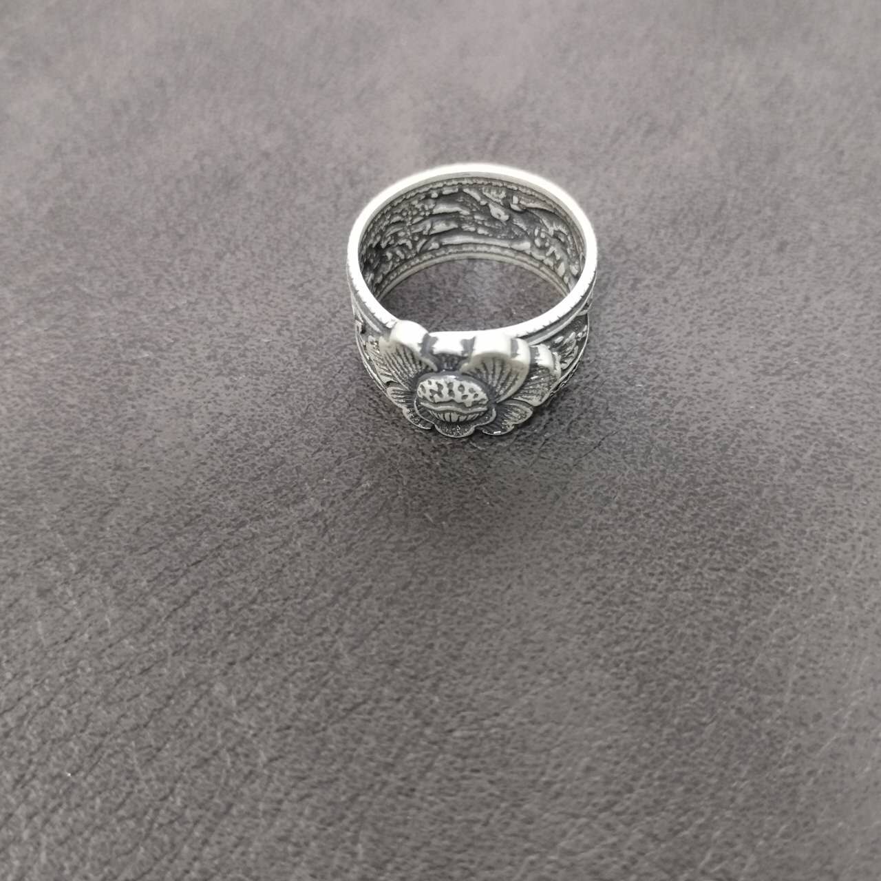 S999 Fine Silver Phoenix Ring – Adjustable Wide Band Peony Floral Jewelry, Vintage Oxidized Statement Ring, Spiritual Gift for Women