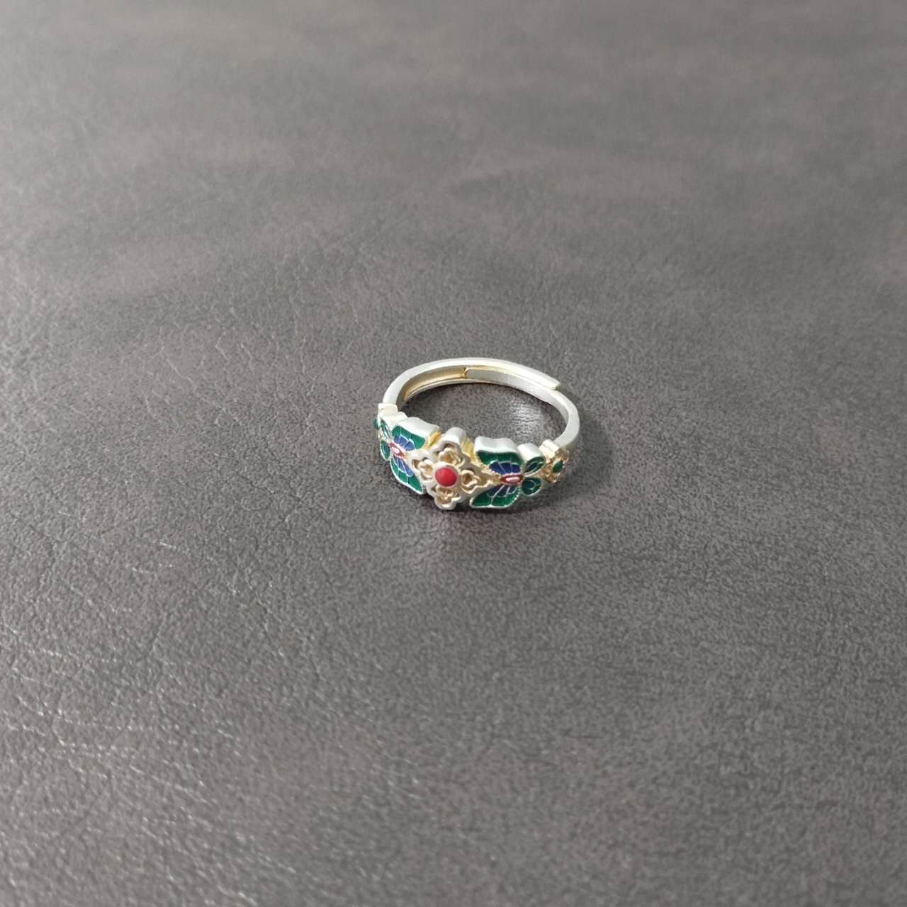 S999 Sterling Silver Butterfly & Floral Enamel Adjustable Ring – Handmade Vintage Jewelry Gift for Women