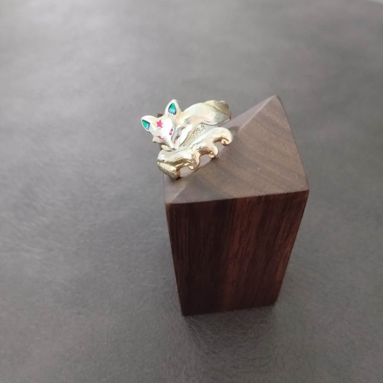 S999 Fine Silver Nine Tailed Fox Ring – Adjustable Kitsune Jewelry, Enamel Gold Accent Vintage Ring, Spiritual Gift for Women