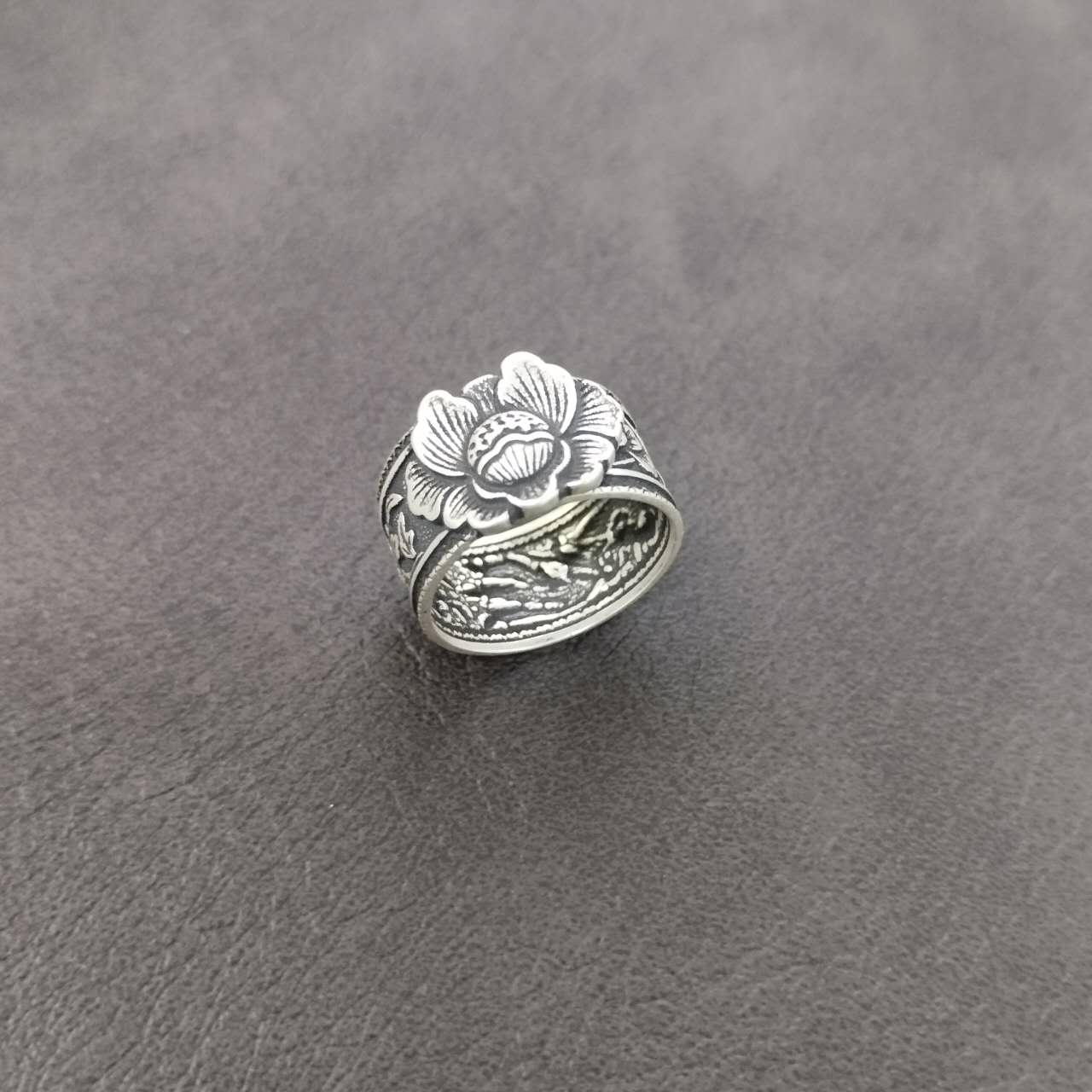 S999 Fine Silver Phoenix Ring – Adjustable Wide Band Peony Floral Jewelry, Vintage Oxidized Statement Ring, Spiritual Gift for Women