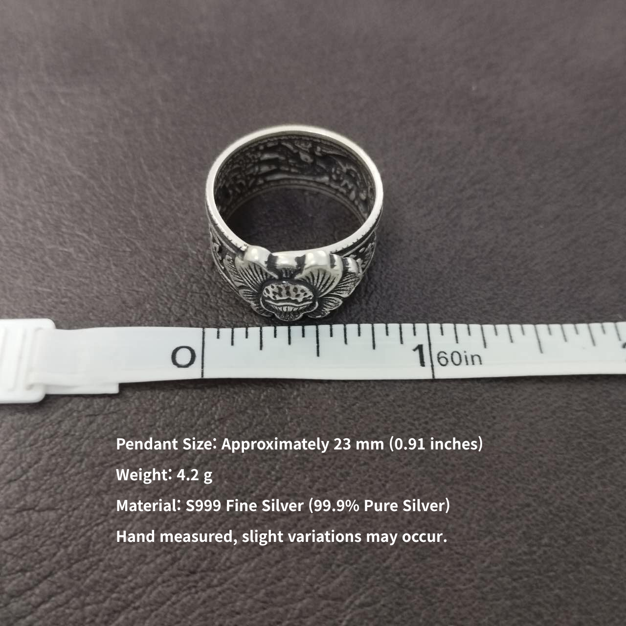 S999 Fine Silver Phoenix Ring – Adjustable Wide Band Peony Floral Jewelry, Vintage Oxidized Statement Ring, Spiritual Gift for Women