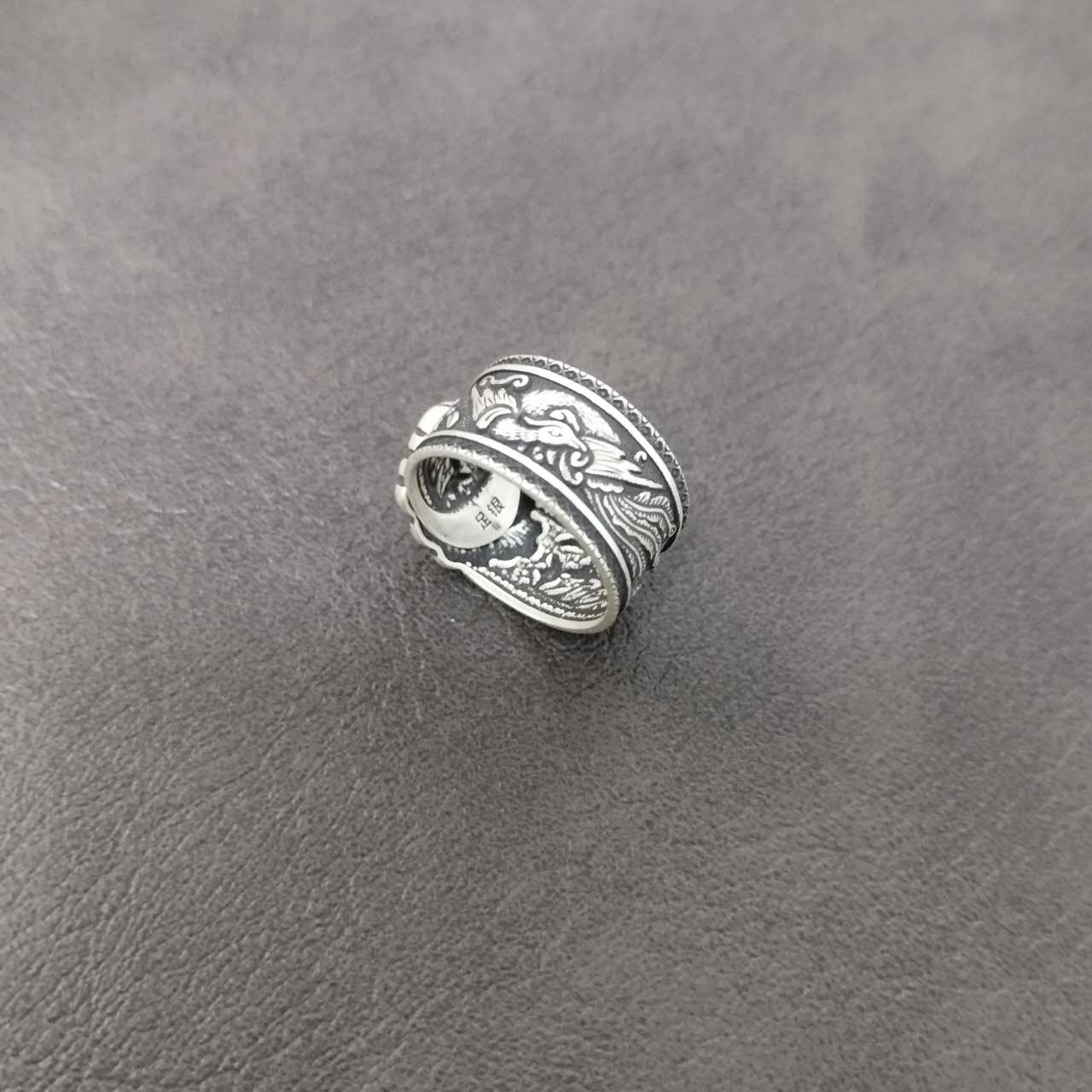 S999 Fine Silver Phoenix Ring – Adjustable Wide Band Peony Floral Jewelry, Vintage Oxidized Statement Ring, Spiritual Gift for Women