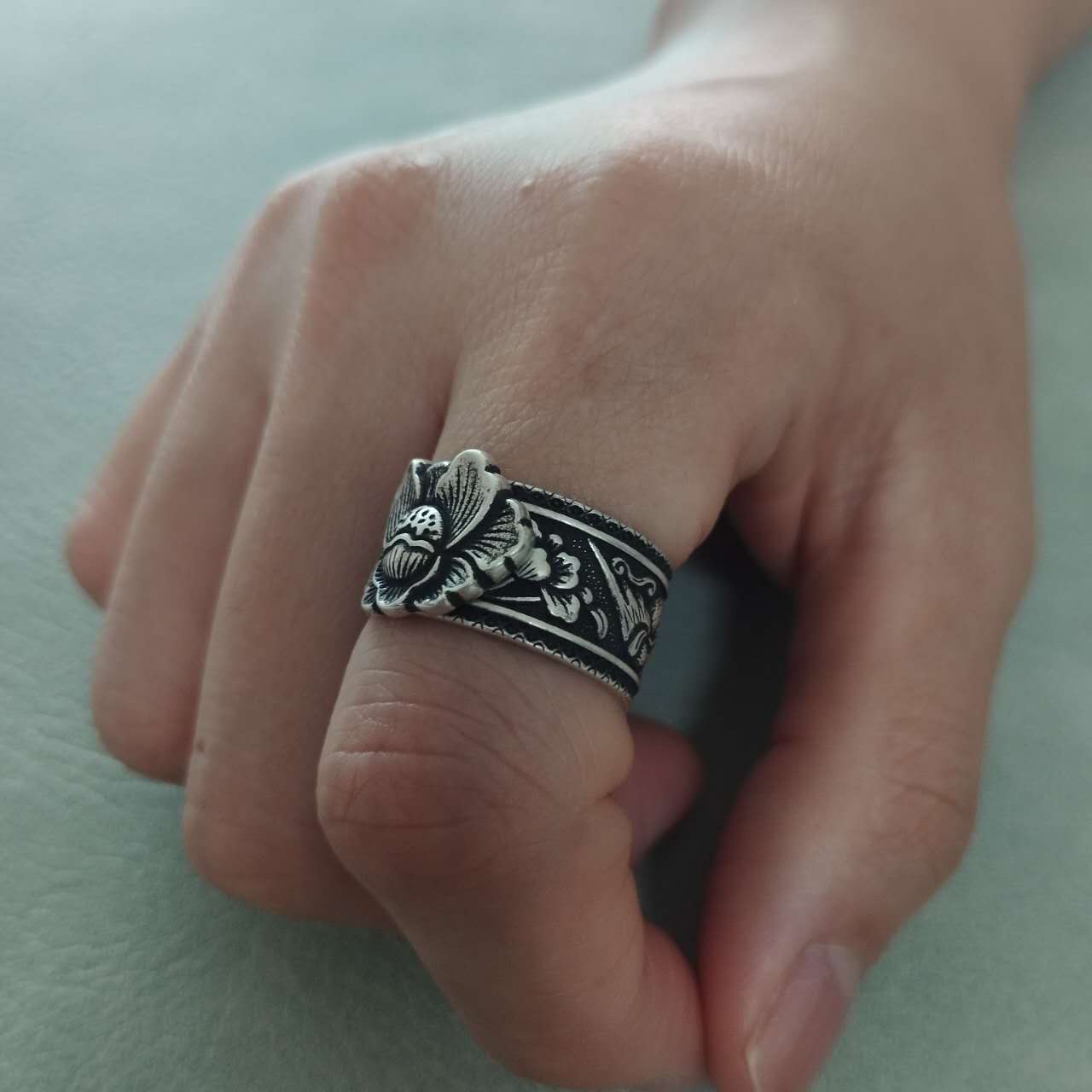 S999 Fine Silver Phoenix Ring – Adjustable Wide Band Peony Floral Jewelry, Vintage Oxidized Statement Ring, Spiritual Gift for Women