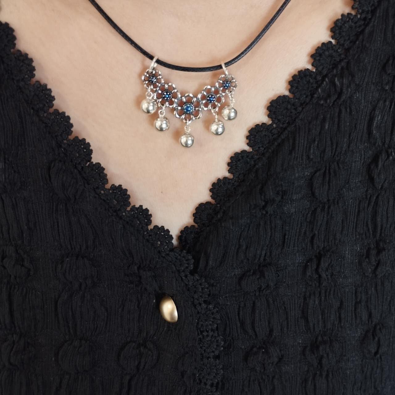 S925 Sterling Silver Vintage Longevity Lock Pendant – Hollow Peace Amulet Necklace with Floral Bell, Handmade Ethnic Jewelry Gift