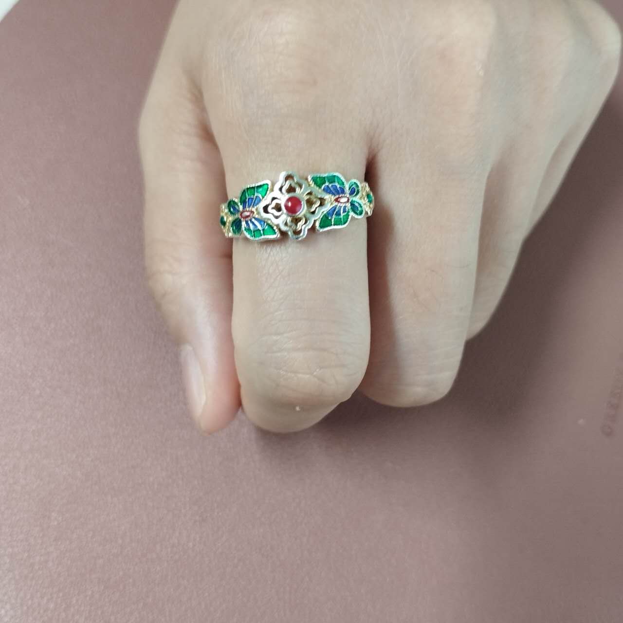 S999 Sterling Silver Butterfly & Floral Enamel Adjustable Ring – Handmade Vintage Jewelry Gift for Women