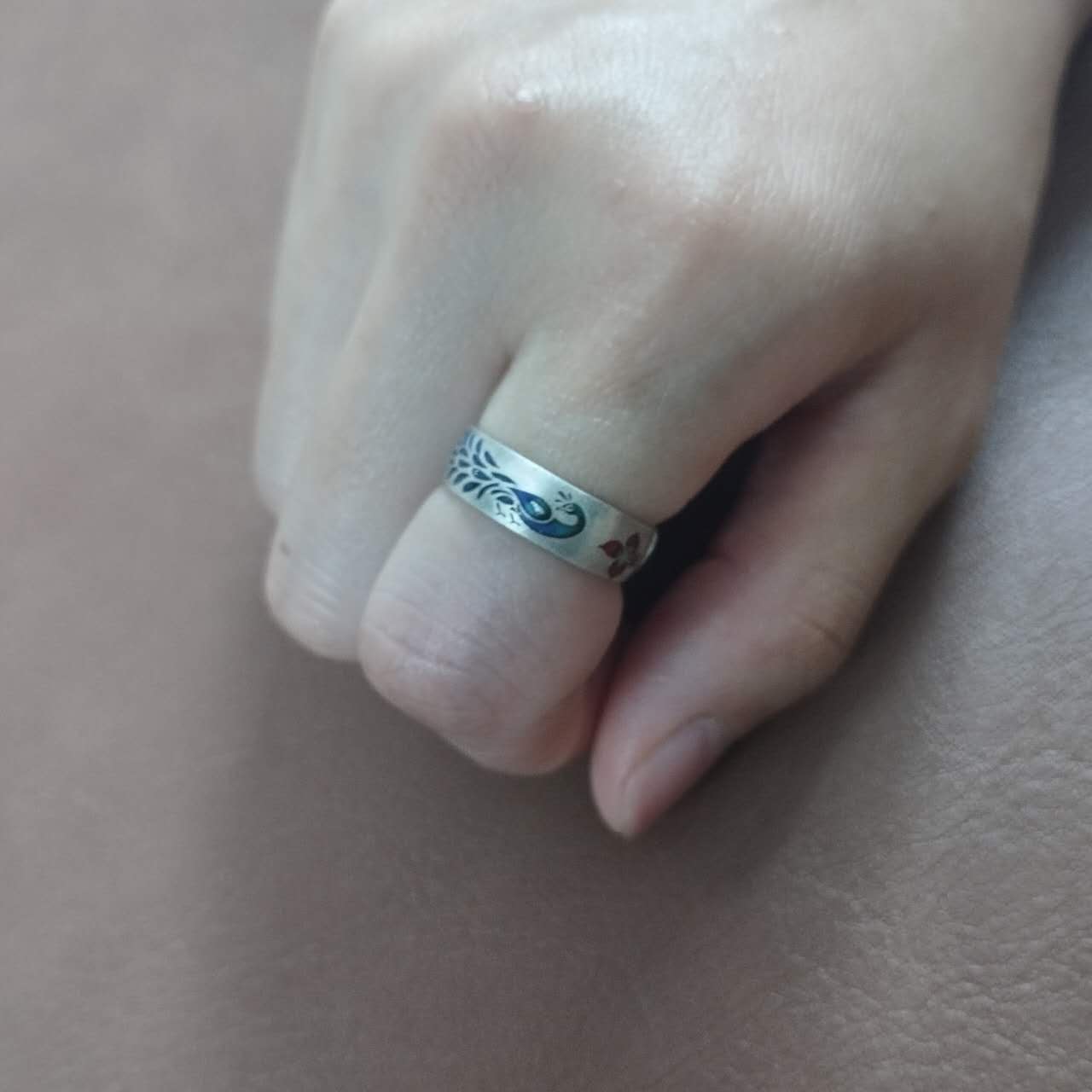 Peacock Ring S999 Sterling Silver – Handmade Cloisonné Enamel Adjustable Open Band, Ethnic Jewelry Gift