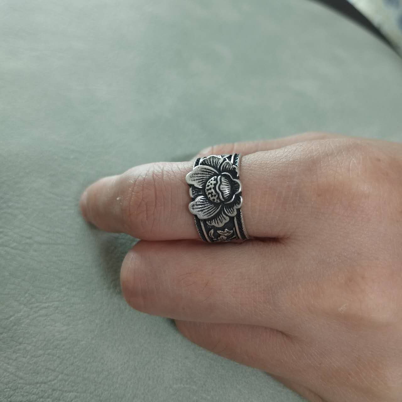 S999 Fine Silver Phoenix Ring – Adjustable Wide Band Peony Floral Jewelry, Vintage Oxidized Statement Ring, Spiritual Gift for Women