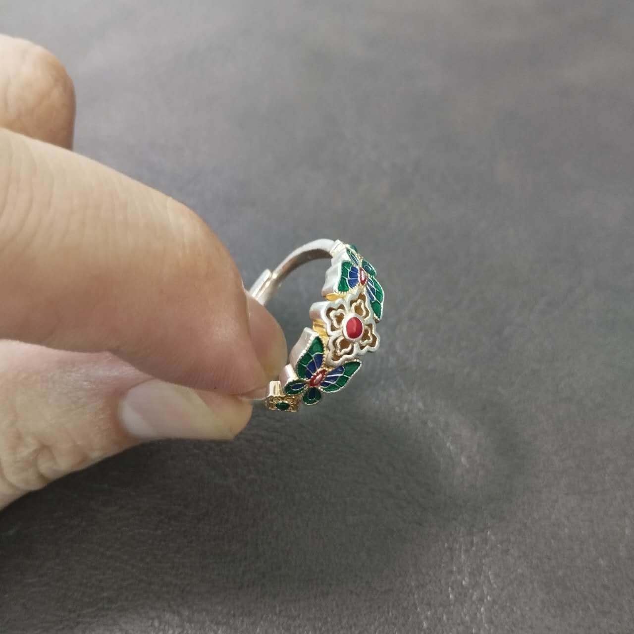 S999 Sterling Silver Butterfly & Floral Enamel Adjustable Ring – Handmade Vintage Jewelry Gift for Women