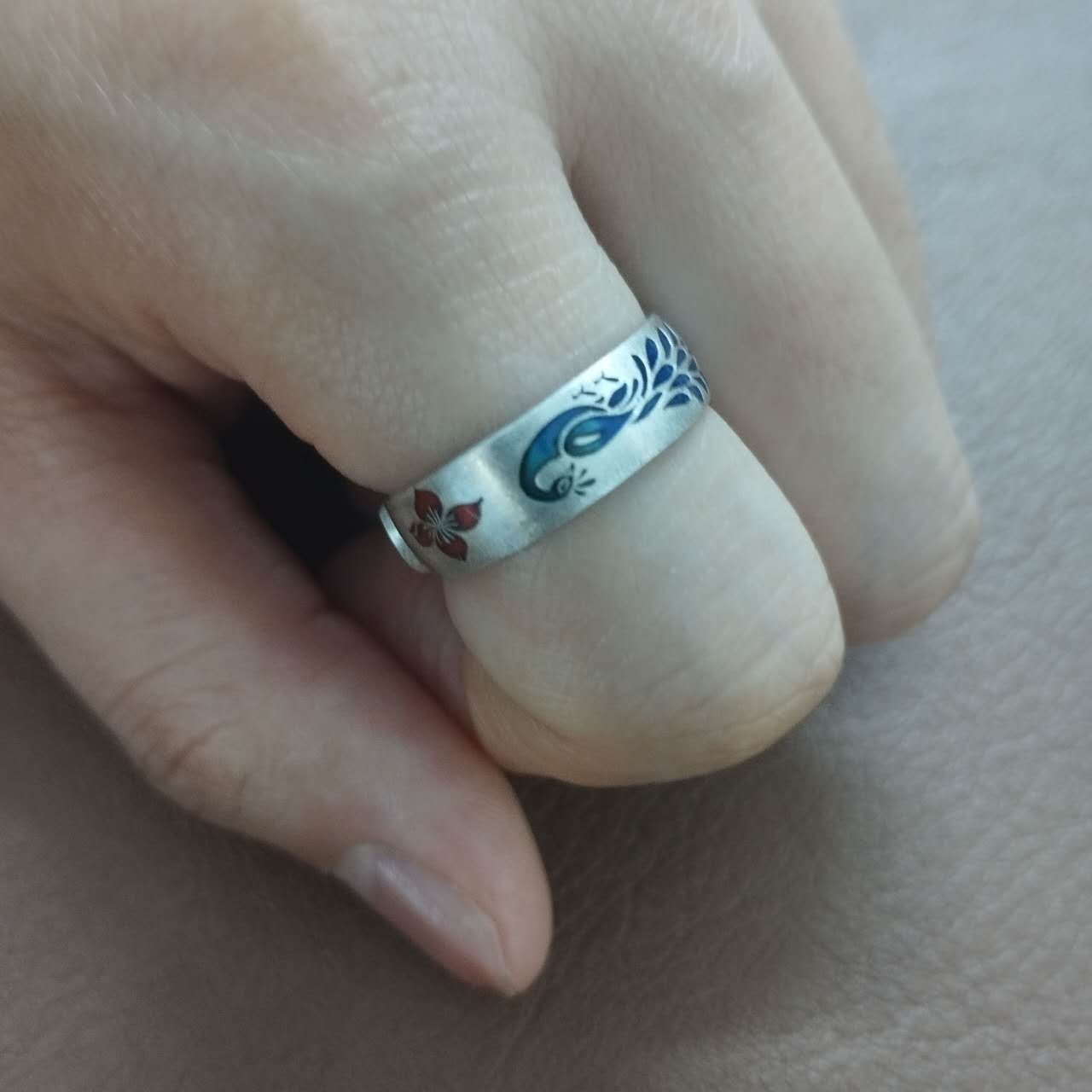 Peacock Ring S999 Sterling Silver – Handmade Cloisonné Enamel Adjustable Open Band, Ethnic Jewelry Gift