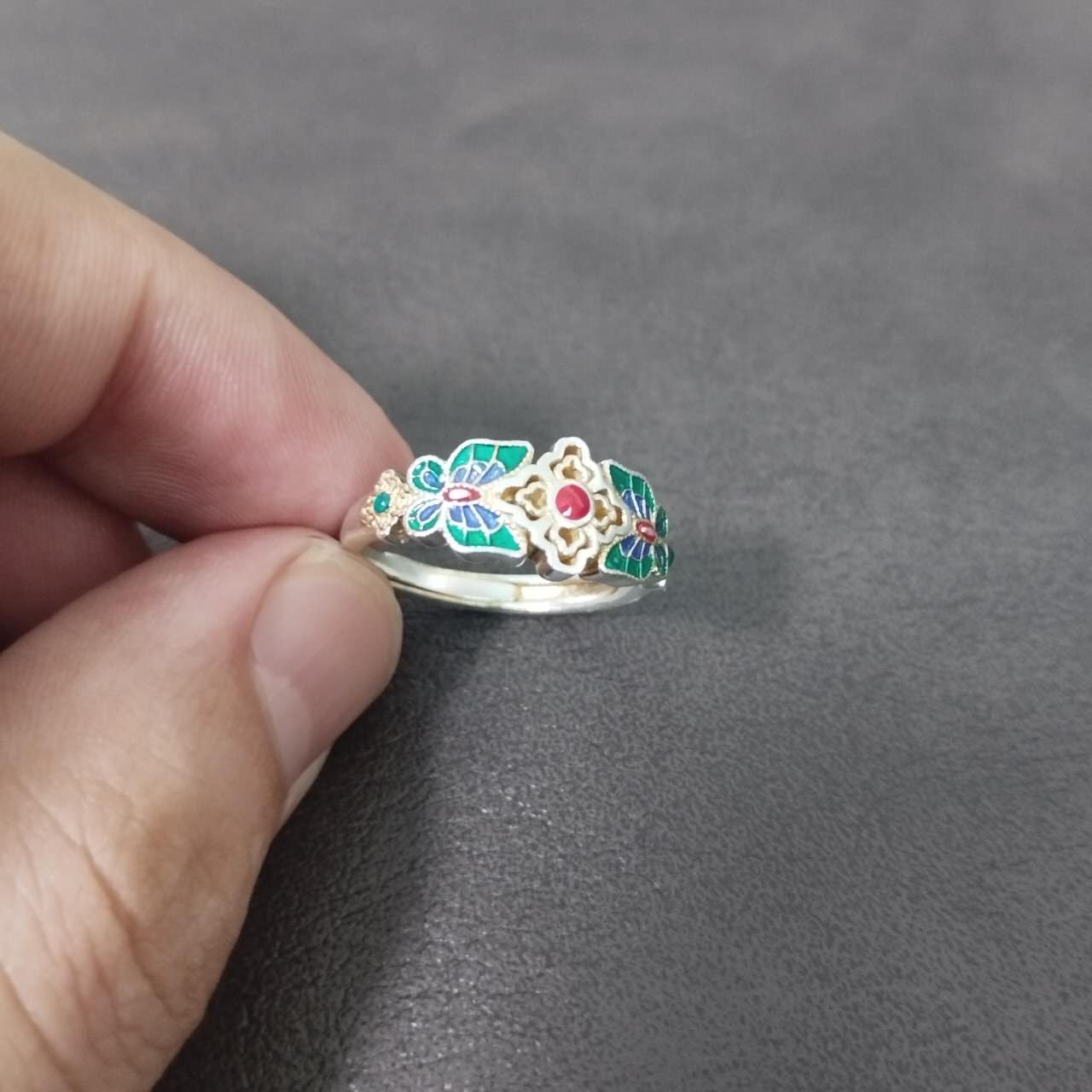S999 Sterling Silver Butterfly & Floral Enamel Adjustable Ring – Handmade Vintage Jewelry Gift for Women