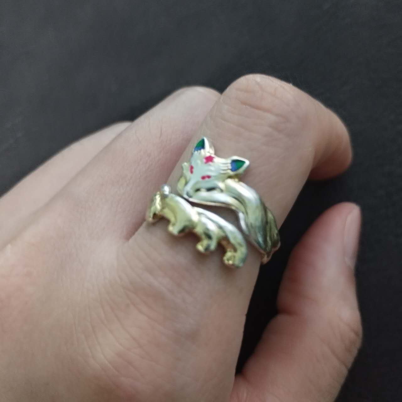 S999 Fine Silver Nine Tailed Fox Ring – Adjustable Kitsune Jewelry, Enamel Gold Accent Vintage Ring, Spiritual Gift for Women