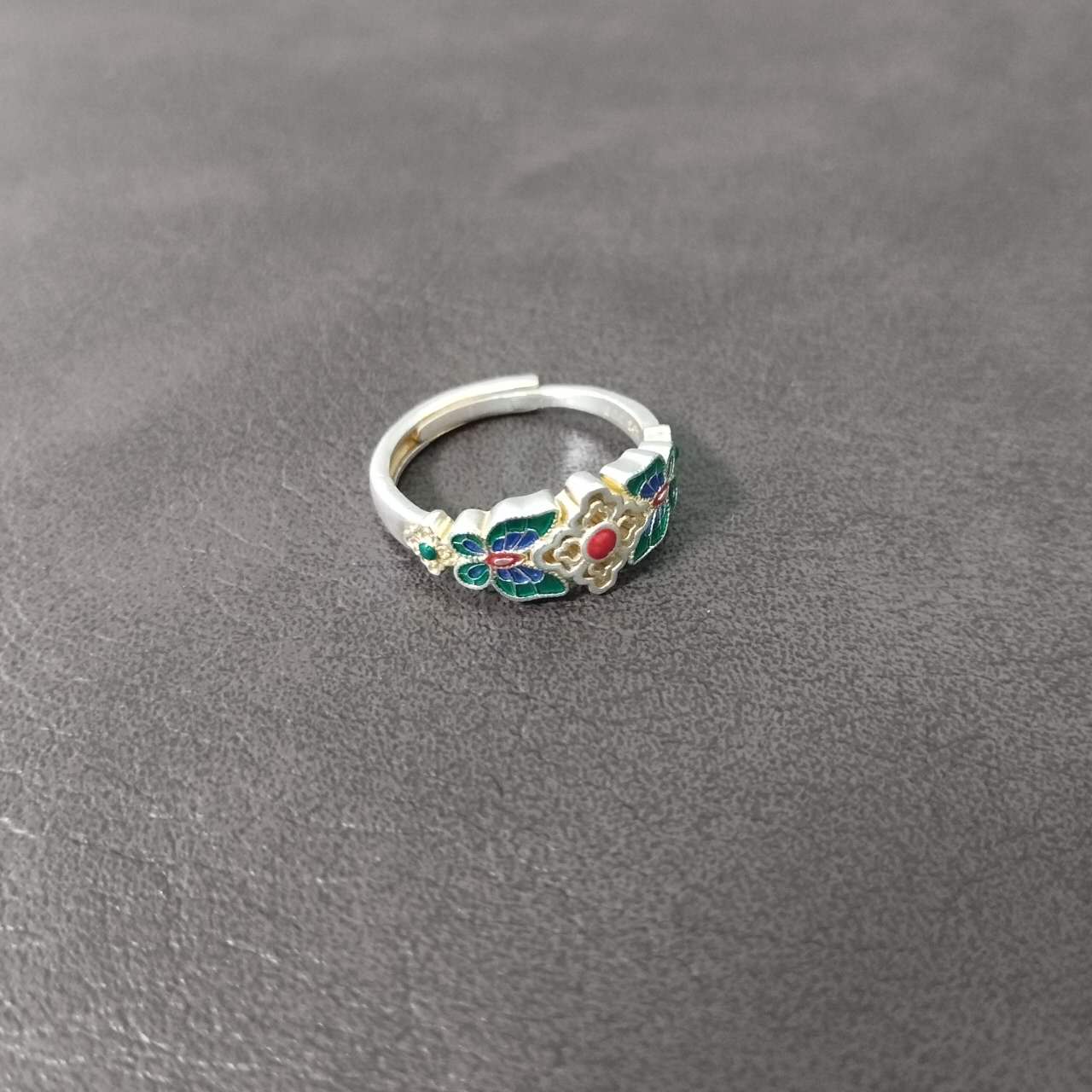 S999 Sterling Silver Butterfly & Floral Enamel Adjustable Ring – Handmade Vintage Jewelry Gift for Women