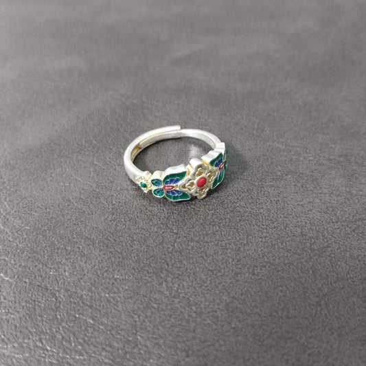 S999 Sterling Silver Butterfly & Floral Enamel Adjustable Ring – Handmade Vintage Jewelry Gift for Women