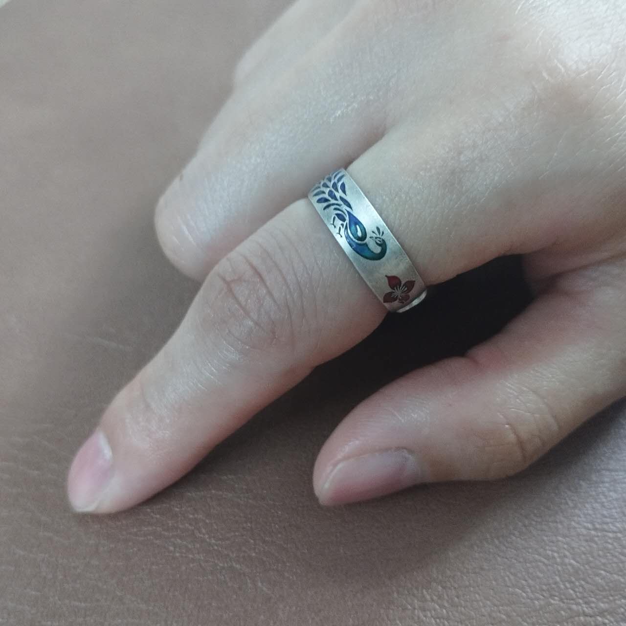 Peacock Ring S999 Sterling Silver – Handmade Cloisonné Enamel Adjustable Open Band, Ethnic Jewelry Gift