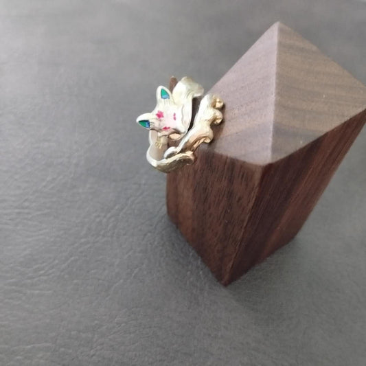 S999 Fine Silver Nine Tailed Fox Ring – Adjustable Kitsune Jewelry, Enamel Gold Accent Vintage Ring, Spiritual Gift for Women