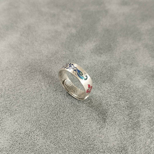 Peacock Ring S999 Sterling Silver – Handmade Cloisonné Enamel Adjustable Open Band, Ethnic Jewelry Gift