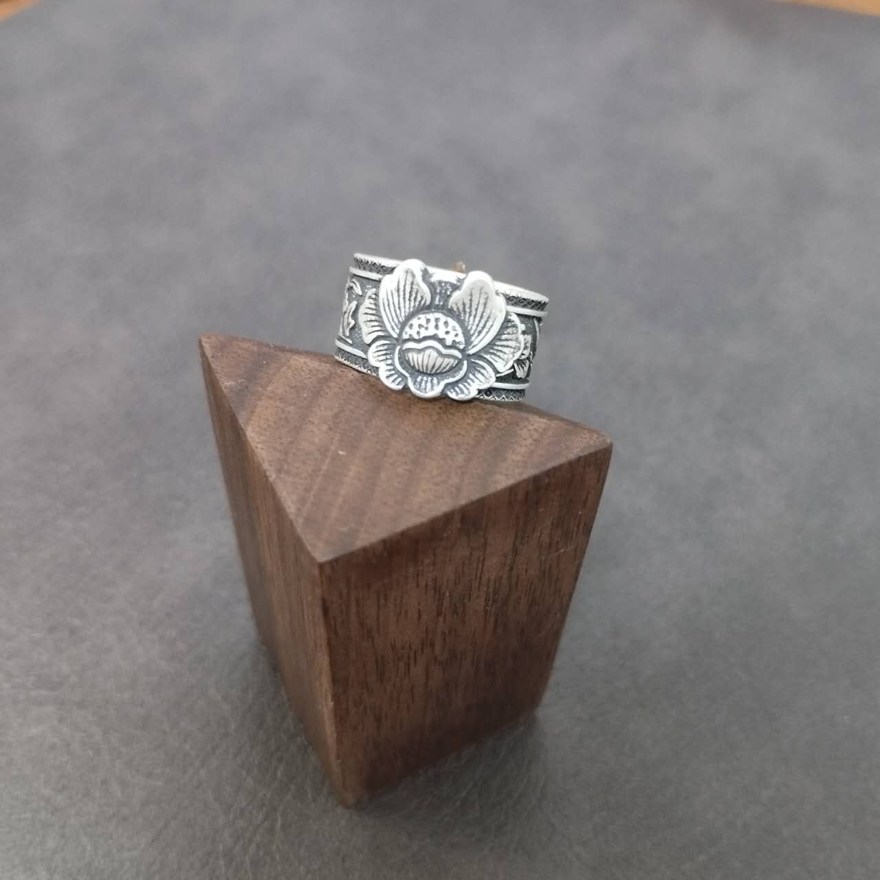S999 Fine Silver Phoenix Ring – Adjustable Wide Band Peony Floral Jewelry, Vintage Oxidized Statement Ring, Spiritual Gift for Women
