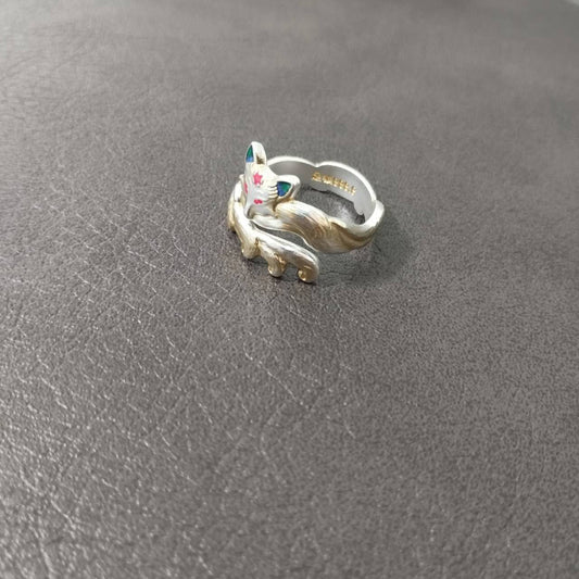 S999 Fine Silver Nine Tailed Fox Ring – Adjustable Kitsune Jewelry, Enamel Gold Accent Vintage Ring, Spiritual Gift for Women