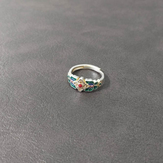 S999 Sterling Silver Butterfly & Floral Enamel Adjustable Ring – Handmade Vintage Jewelry Gift for Women
