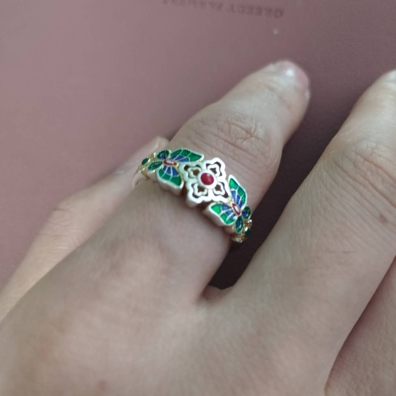 S999 Sterling Silver Butterfly & Floral Enamel Adjustable Ring – Handmade Vintage Jewelry Gift for Women