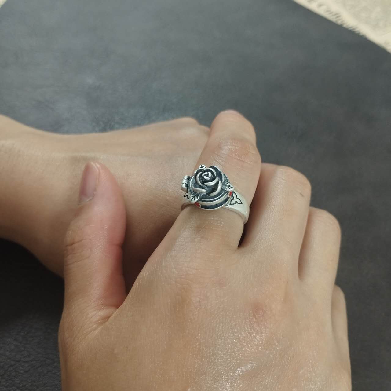 S999 Fine Silver Rose Locket Ring – Adjustable Vintage Gothic Gau Amulet Jewelry, Handmade Spiritual Gift for Women