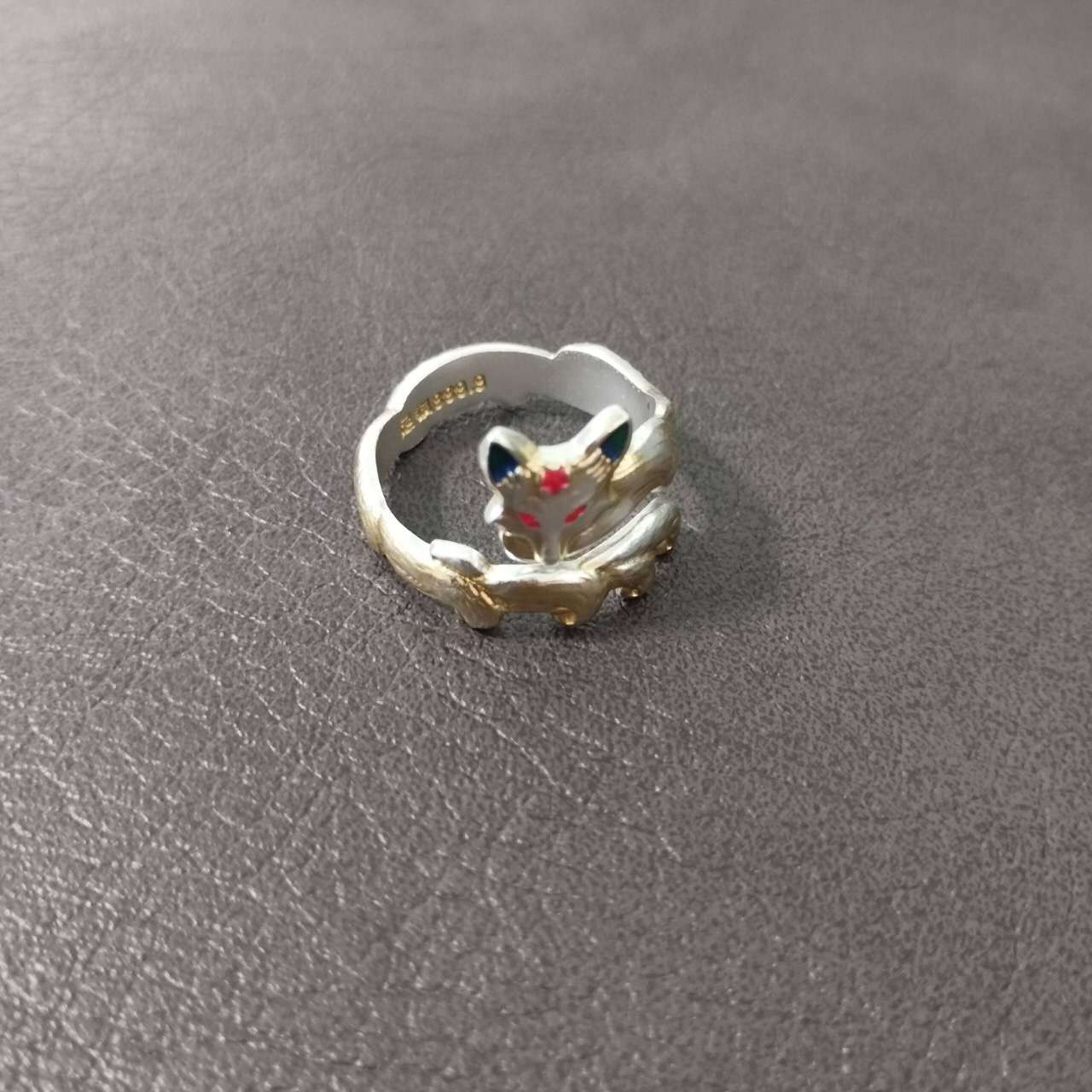 S999 Fine Silver Nine Tailed Fox Ring – Adjustable Kitsune Jewelry, Enamel Gold Accent Vintage Ring, Spiritual Gift for Women