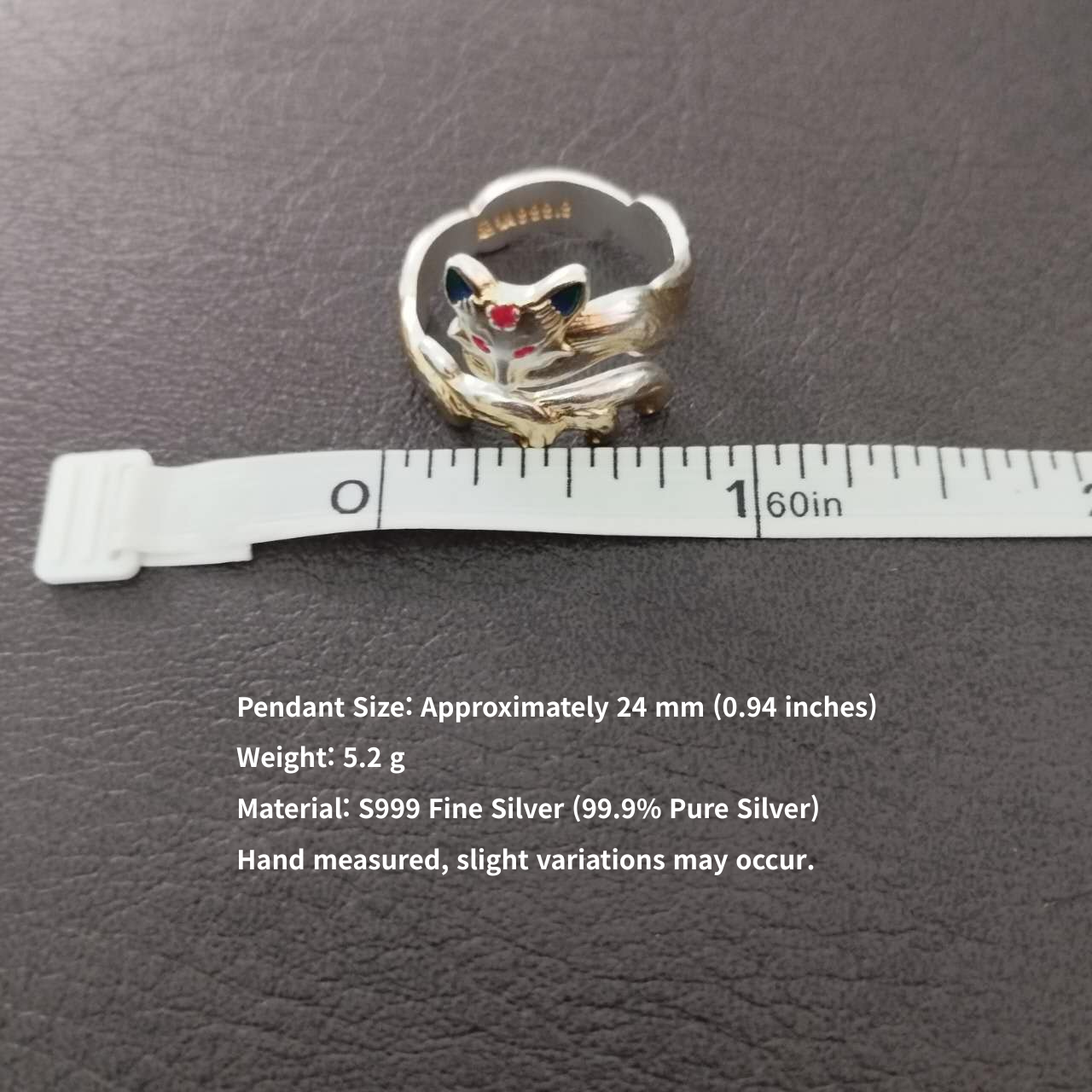 S999 Fine Silver Nine Tailed Fox Ring – Adjustable Kitsune Jewelry, Enamel Gold Accent Vintage Ring, Spiritual Gift for Women
