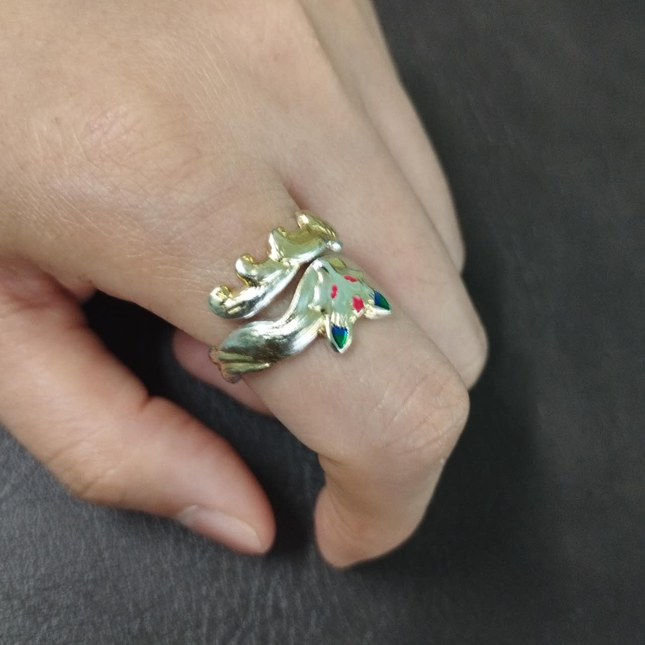 S999 Fine Silver Nine Tailed Fox Ring – Adjustable Kitsune Jewelry, Enamel Gold Accent Vintage Ring, Spiritual Gift for Women