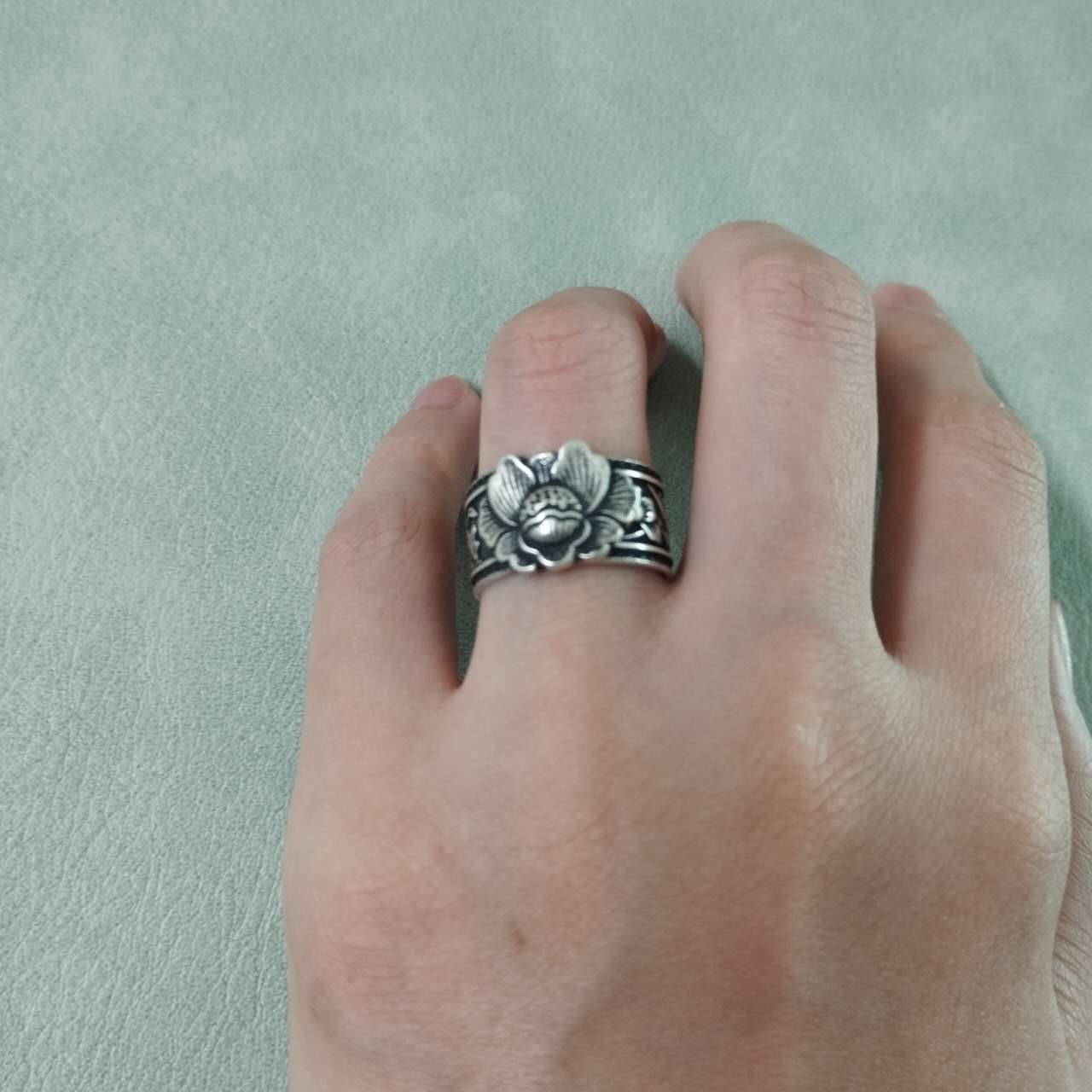 S999 Fine Silver Phoenix Ring – Adjustable Wide Band Peony Floral Jewelry, Vintage Oxidized Statement Ring, Spiritual Gift for Women