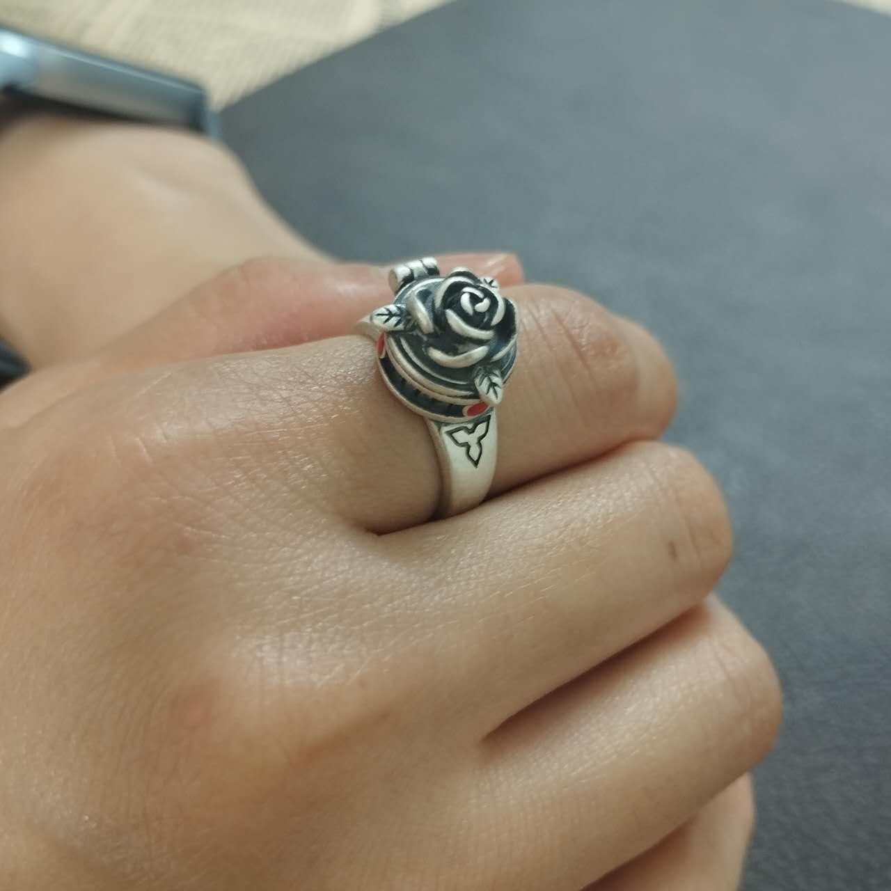 S999 Fine Silver Rose Locket Ring – Adjustable Vintage Gothic Gau Amulet Jewelry, Handmade Spiritual Gift for Women