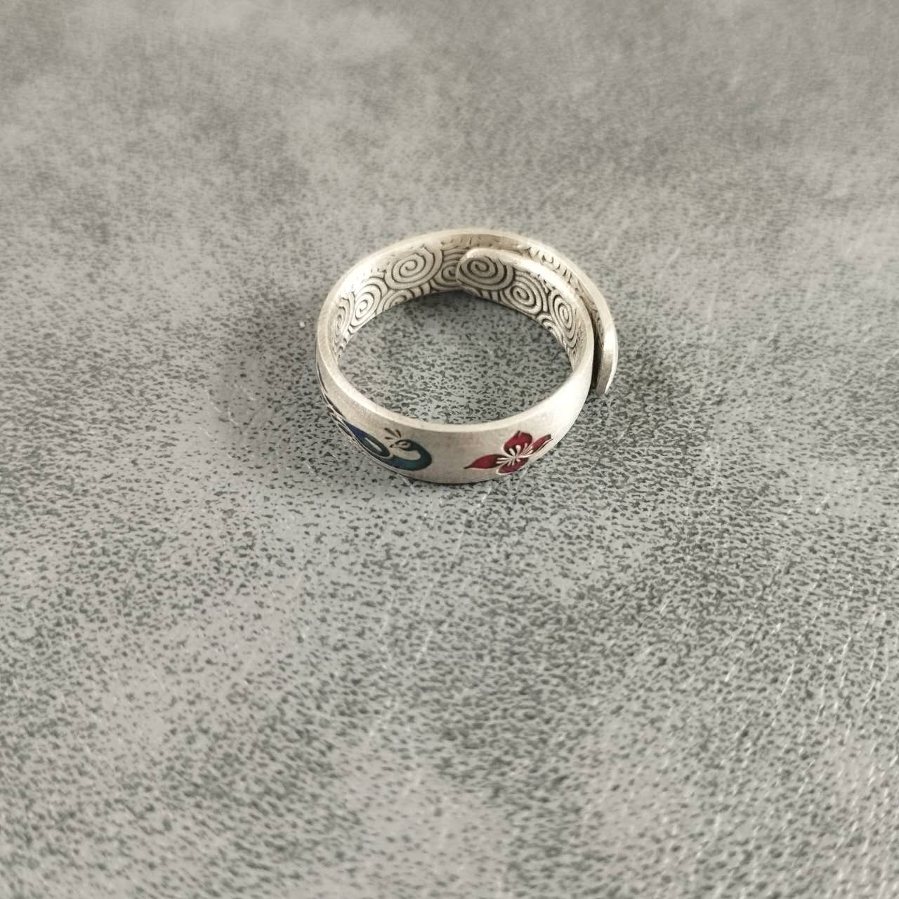Peacock Ring S999 Sterling Silver – Handmade Cloisonné Enamel Adjustable Open Band, Ethnic Jewelry Gift