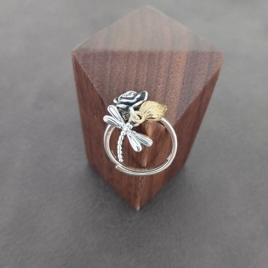 Dragonfly Ring Sterling Silver Adjustable – Rose & Lotus Flower Jewelry, Boho Nature Statement Ring, Romantic Handmade Gift for Women