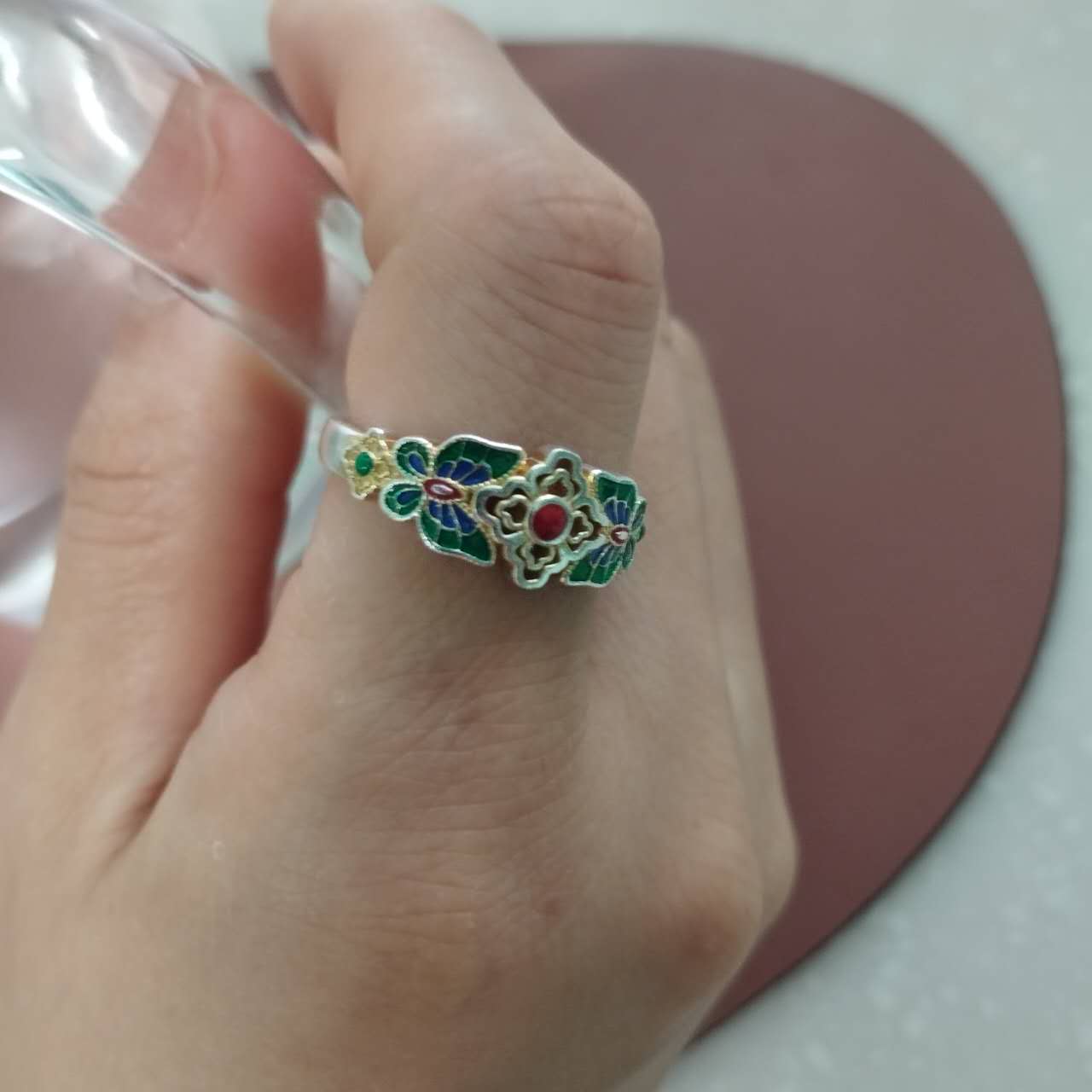 S999 Sterling Silver Butterfly & Floral Enamel Adjustable Ring – Handmade Vintage Jewelry Gift for Women